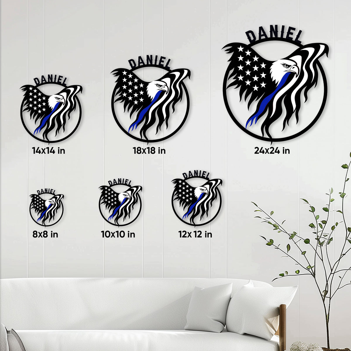 Police eagle metal sign size guide showing six available square dimensions from 8 by 8 to 24 by 24 inches