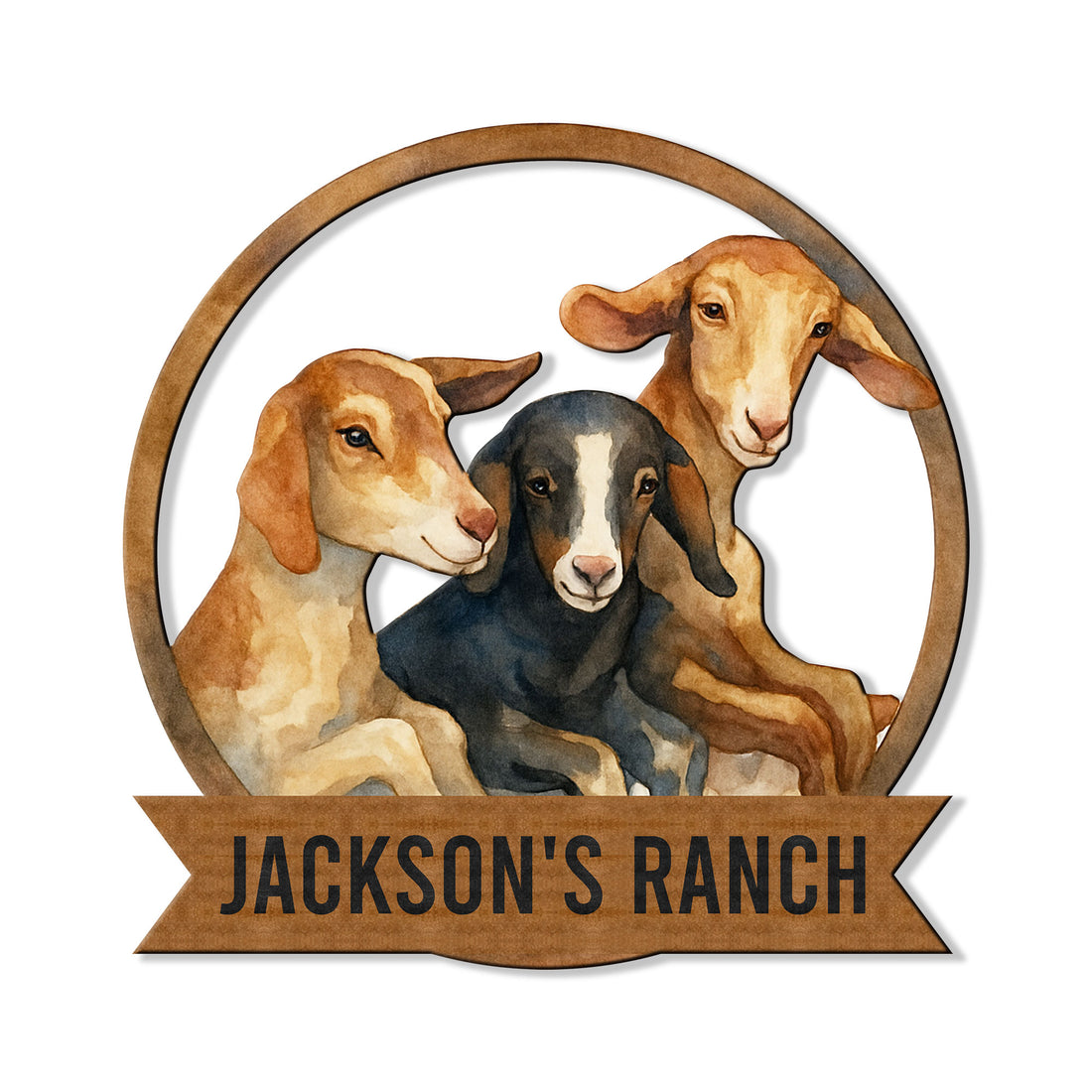 Custom goat ranch metal sign featuring three watercolor goats in a rustic circular frame