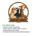 Goat ranch cut metal sign shown with a three-goat design and rustic banner