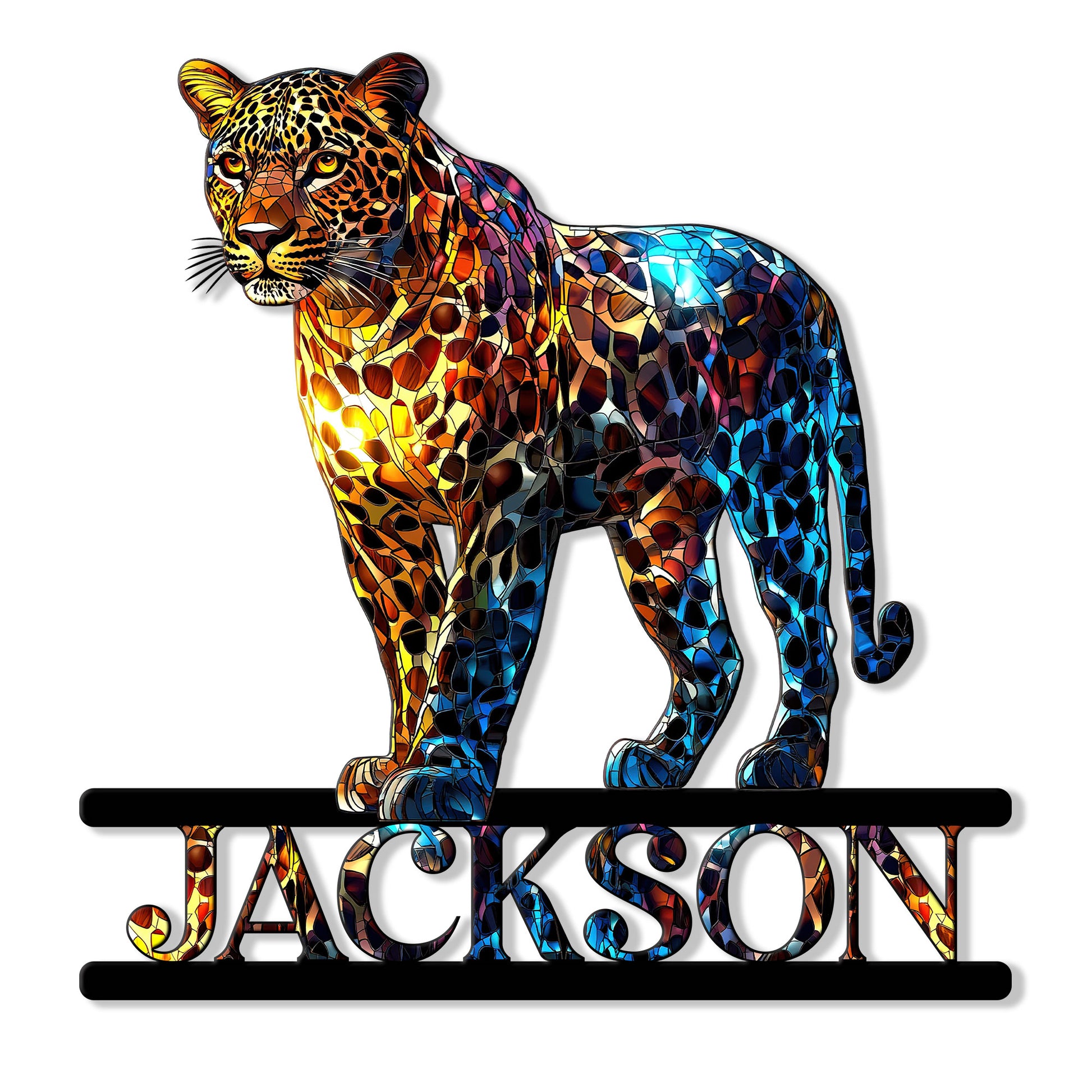 Colorful mosaic leopard metal sign with a striking big cat silhouette and decorative wall design