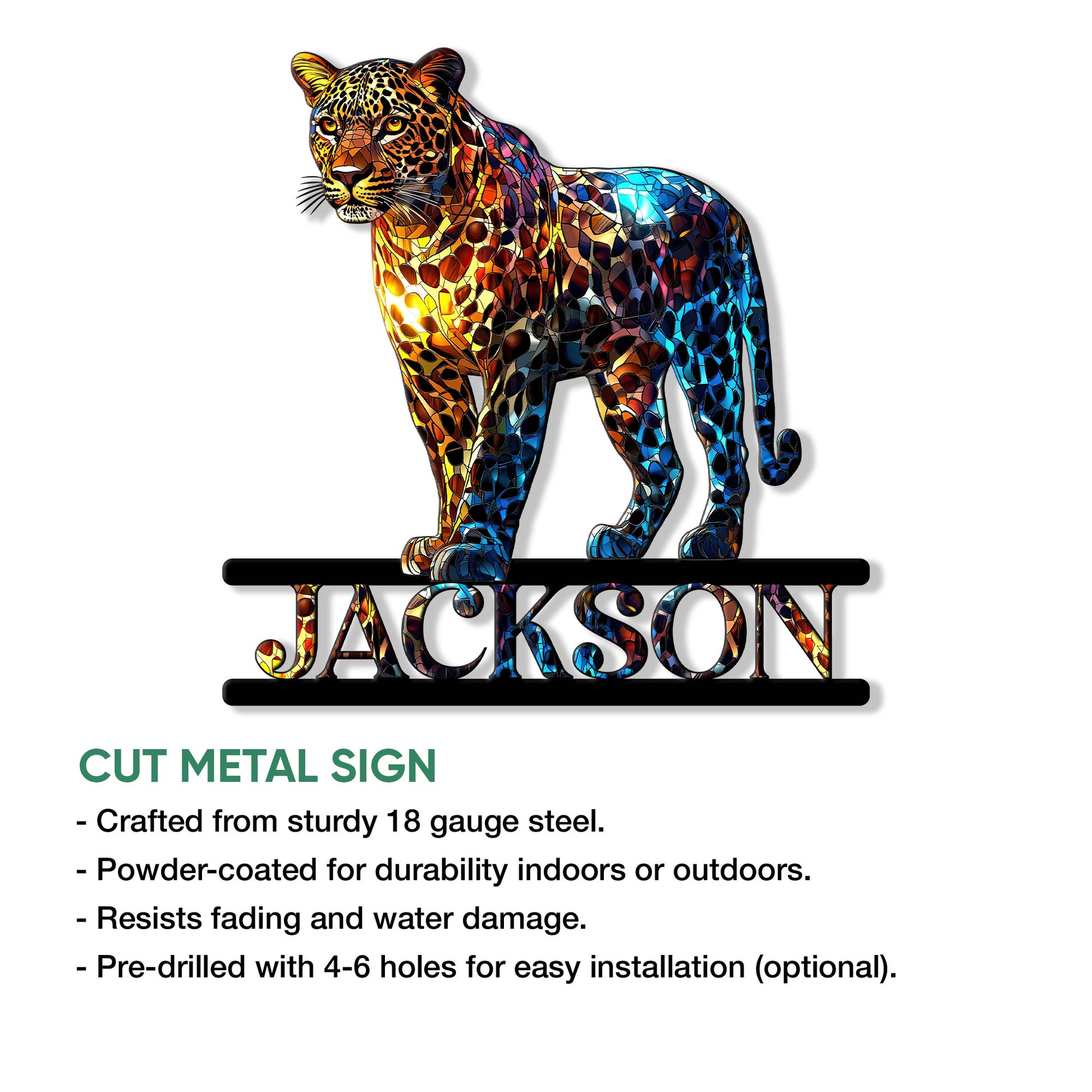 Vibrant stained-glass style leopard cut metal sign shown with product feature details