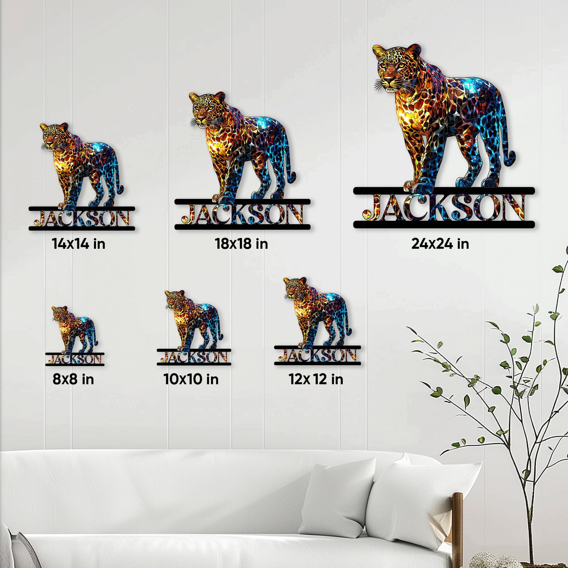 Leopard metal sign size guide showing six available size options in a room setting