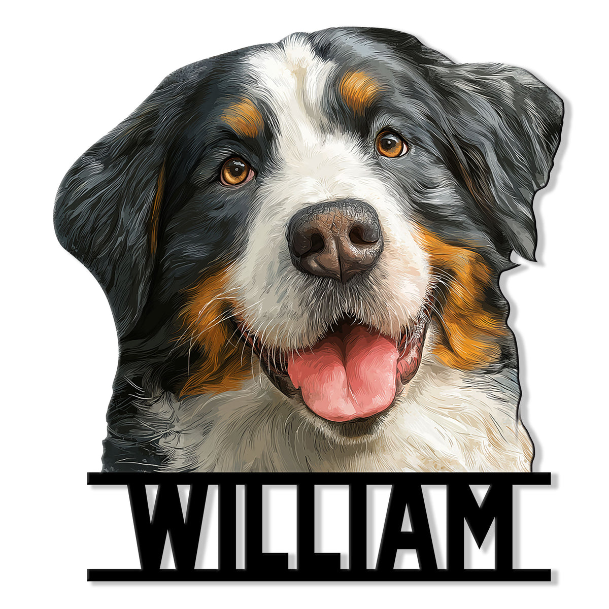 Custom Bernese Mountain Dog metal sign featuring a cheerful close-up portrait with bold black framing