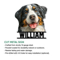 Bernese Mountain Dog metal sign shown with cut-metal design details and product feature information