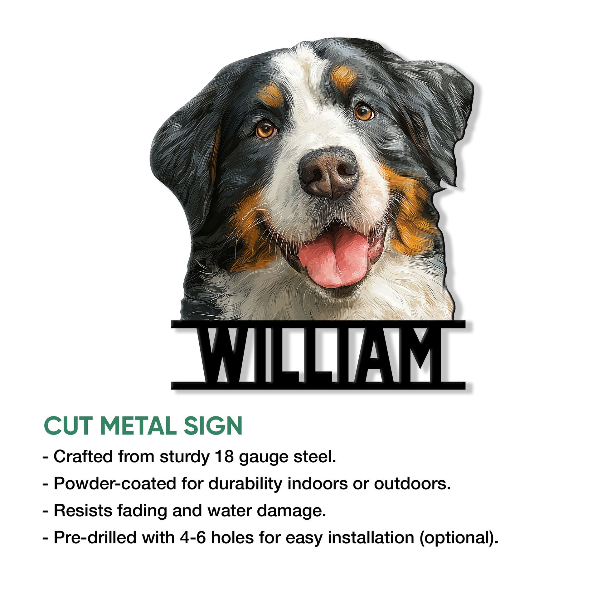 Bernese Mountain Dog metal sign shown with cut-metal design details and product feature information