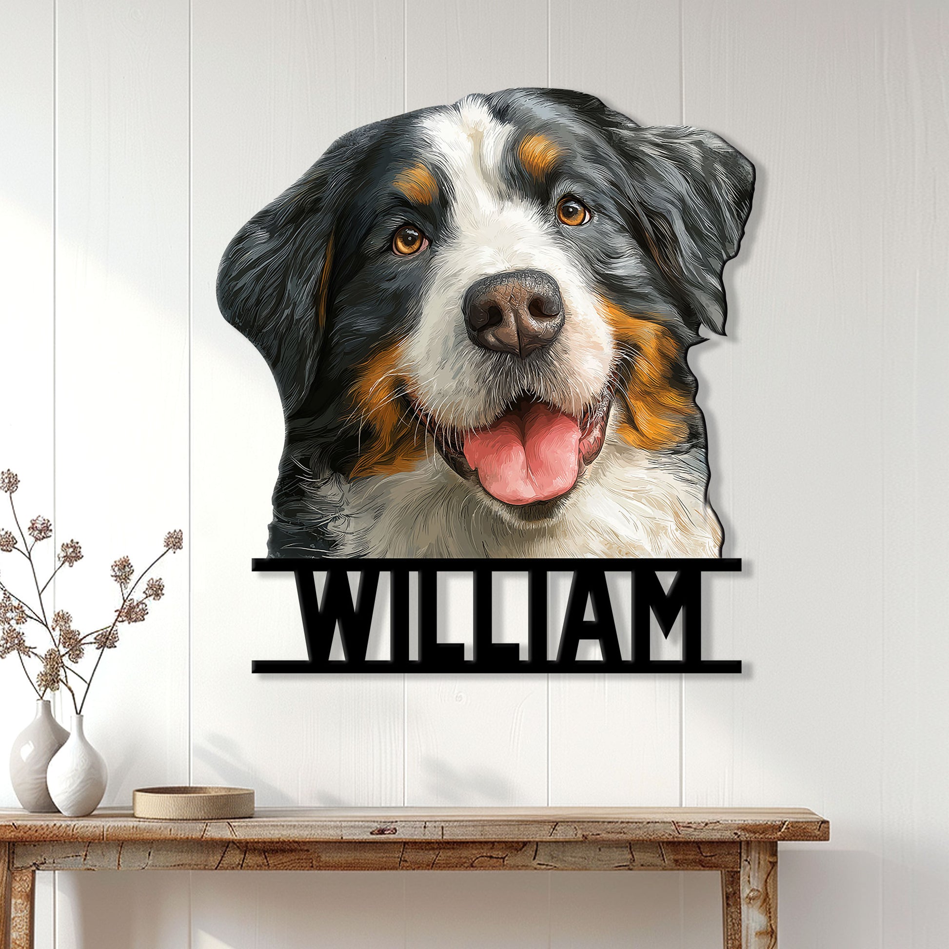 Bernese Mountain Dog wall sign displayed above a console table in a bright home interior