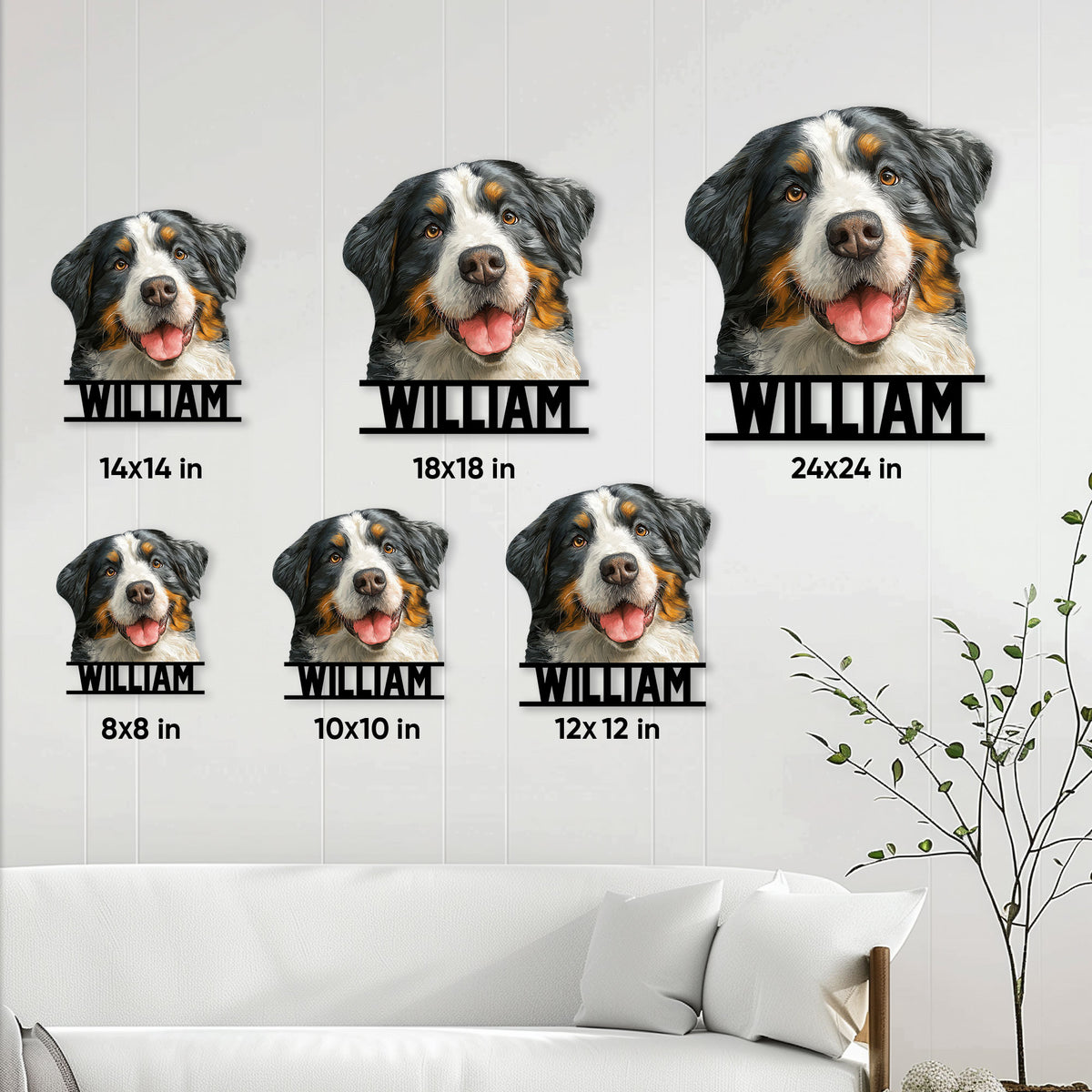Bernese Mountain Dog metal sign size guide showing six available square size options