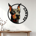 Doberman portrait metal wall sign displayed on white paneled home decor above a wooden console table