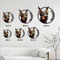 Doberman metal sign size guide showing round design options ranging from 8 by 8 to 24 by 24 inches
