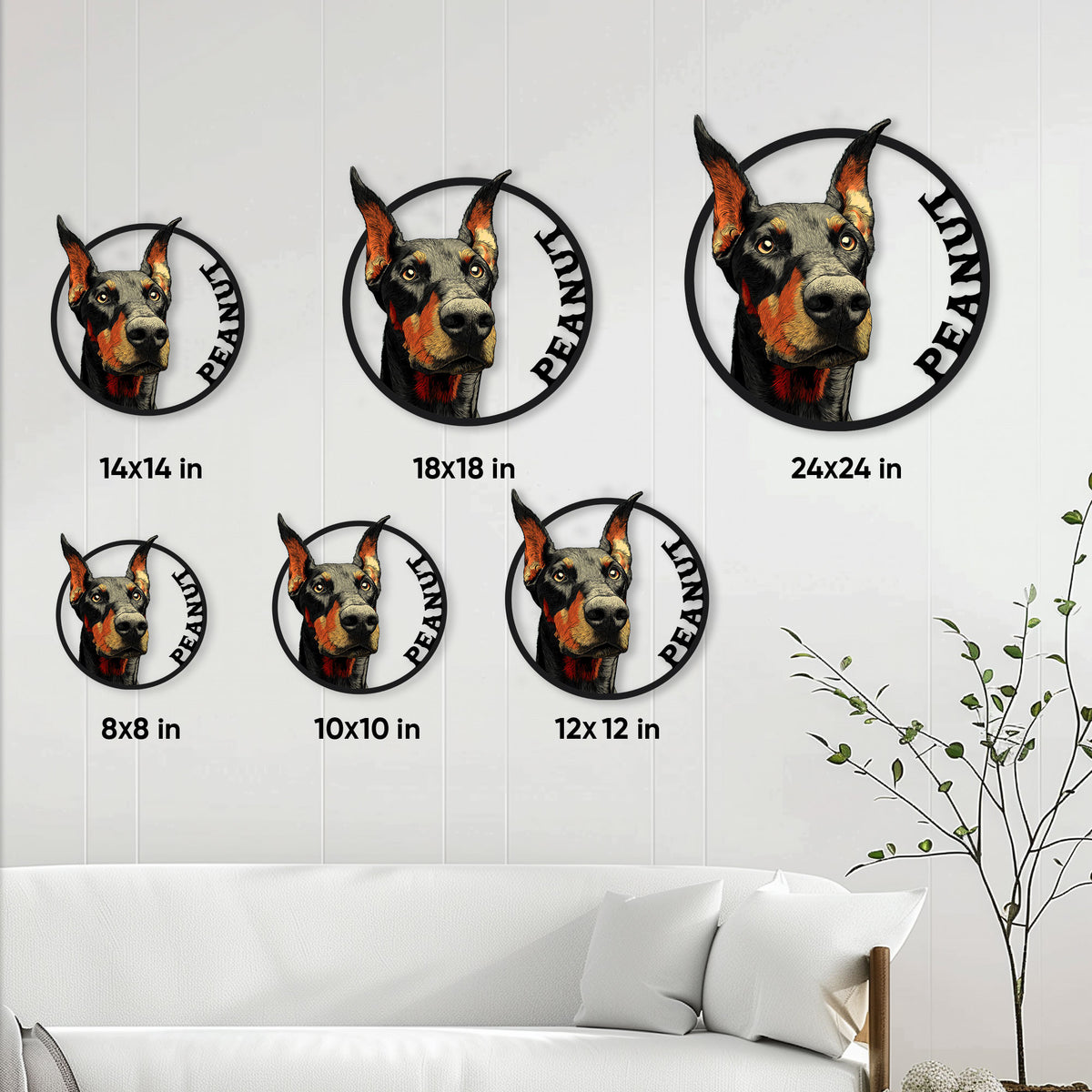 Doberman metal sign size guide showing round design options ranging from 8 by 8 to 24 by 24 inches
