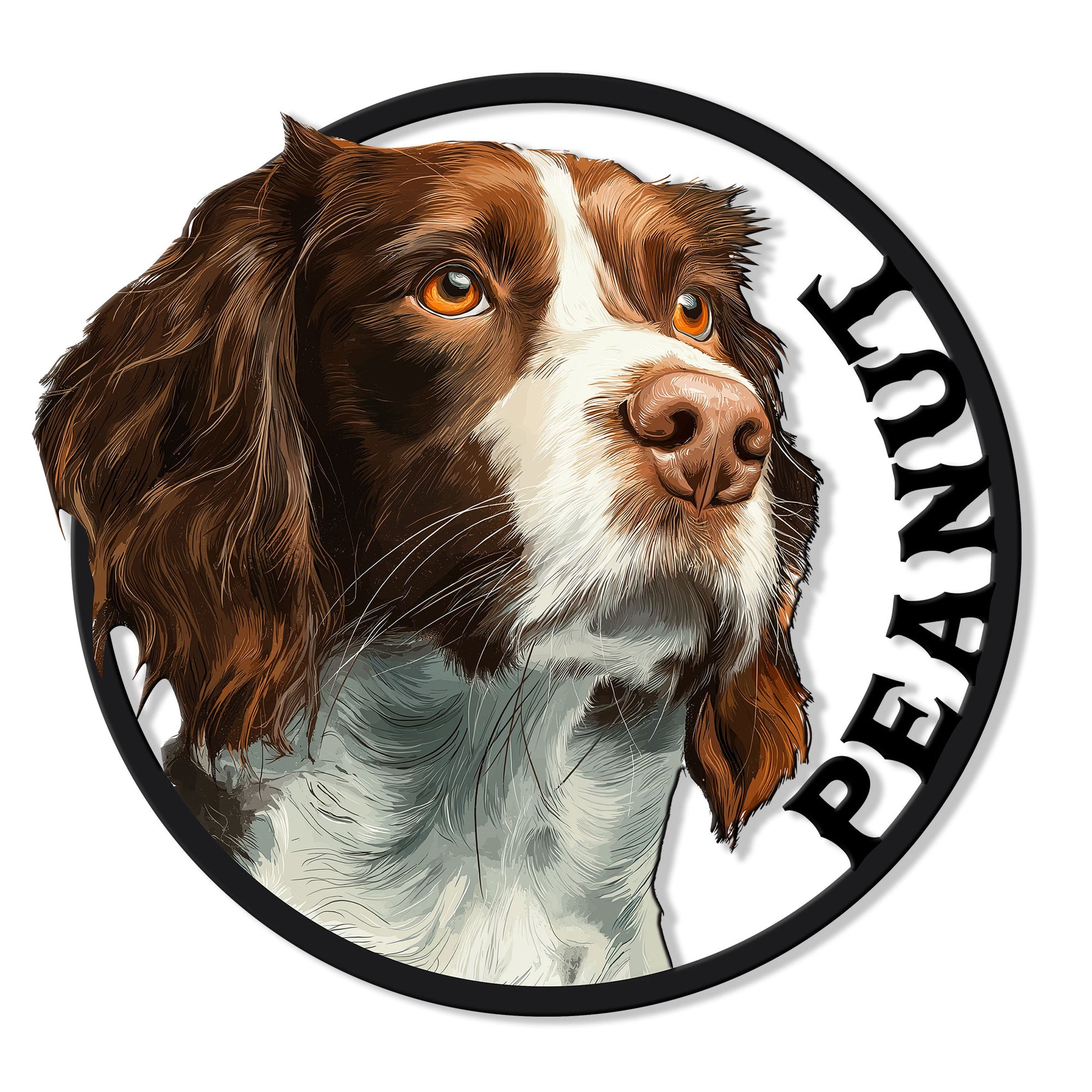 Detailed English Springer Spaniel portrait on a round metal sign with bold breed lettering