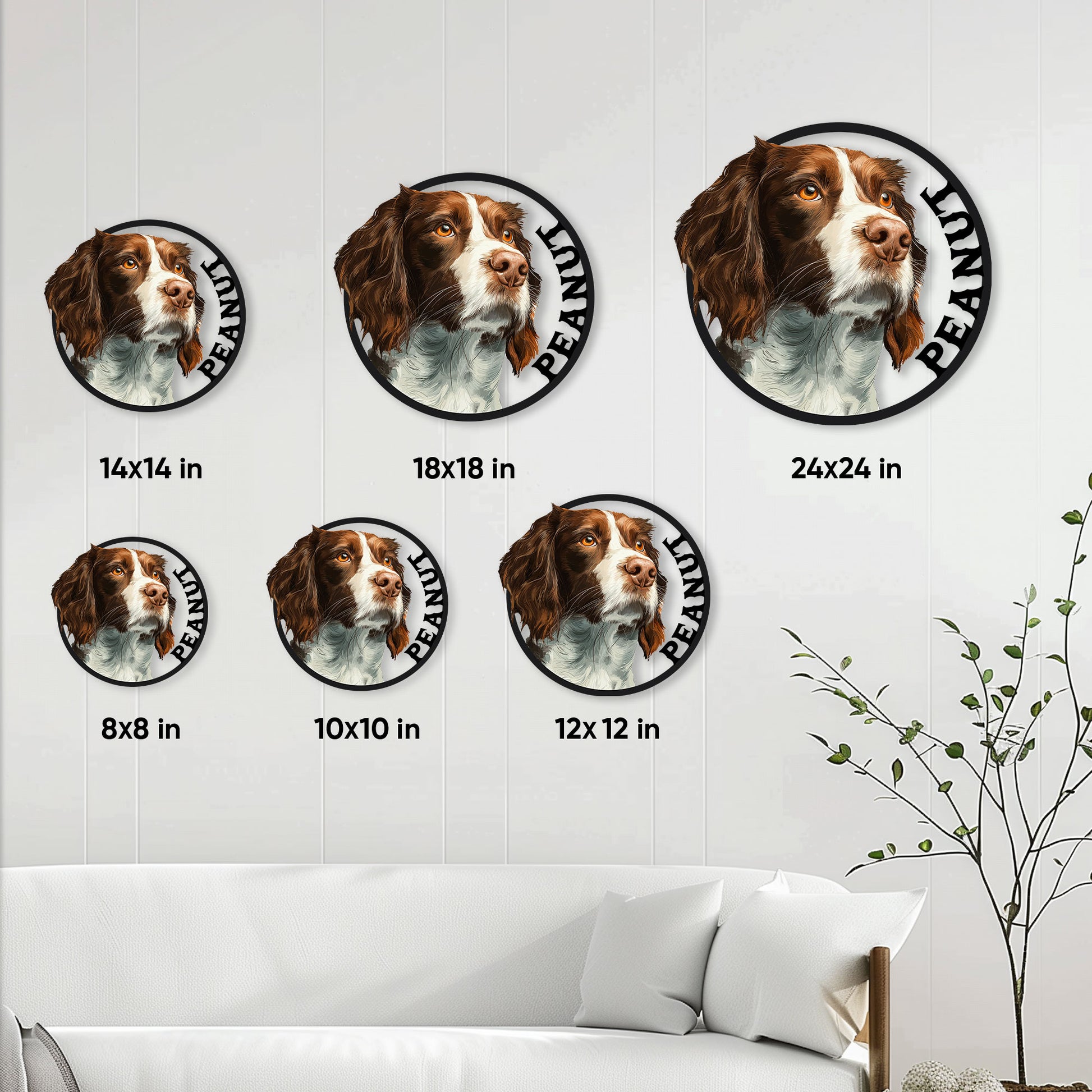 English Springer Spaniel metal sign size guide showing round signs from 8 by 8 to 24 by 24 inches