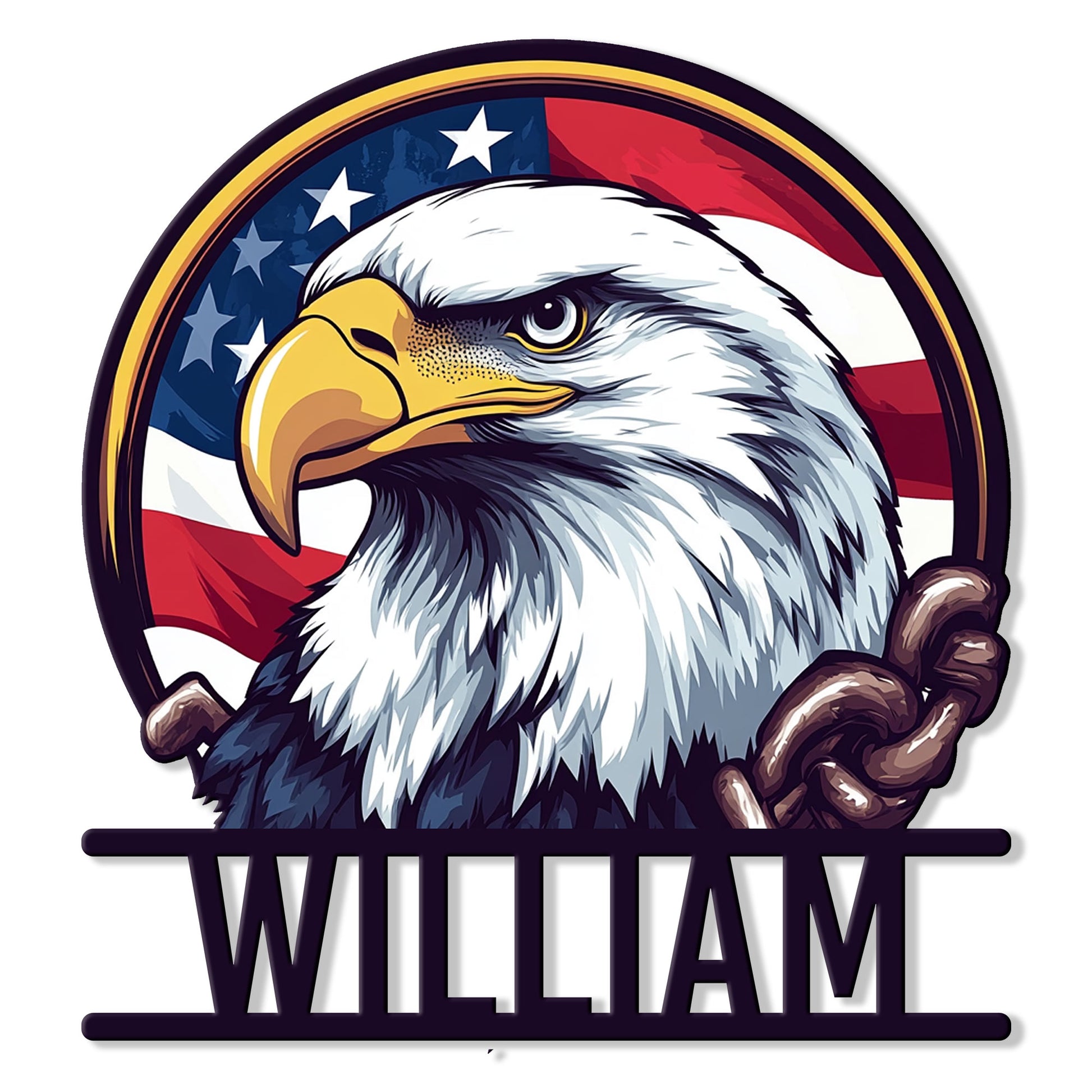 Patriotic eagle metal sign featuring a detailed bald eagle against an American flag background