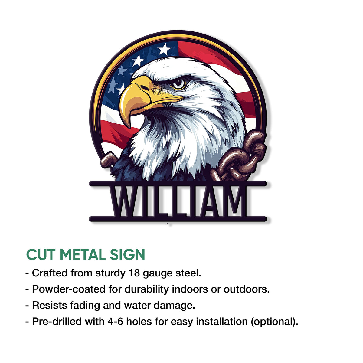 Eagle metal sign feature graphic highlighting the cut metal design and installation options