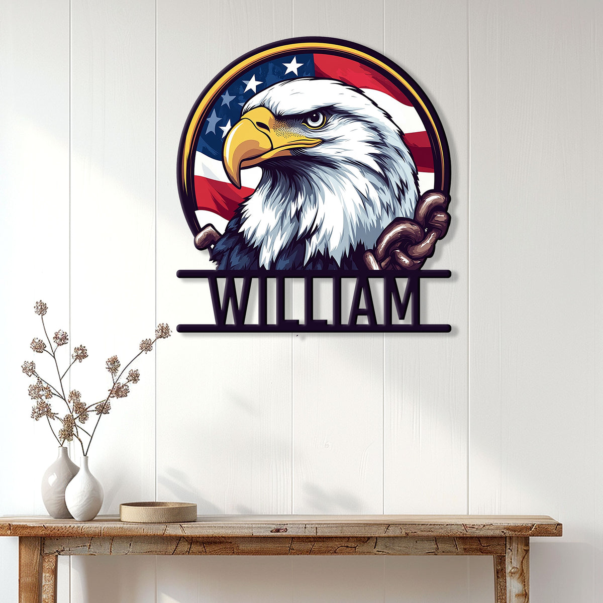 Patriotic eagle wall sign displayed on a light paneled wall above a rustic console table