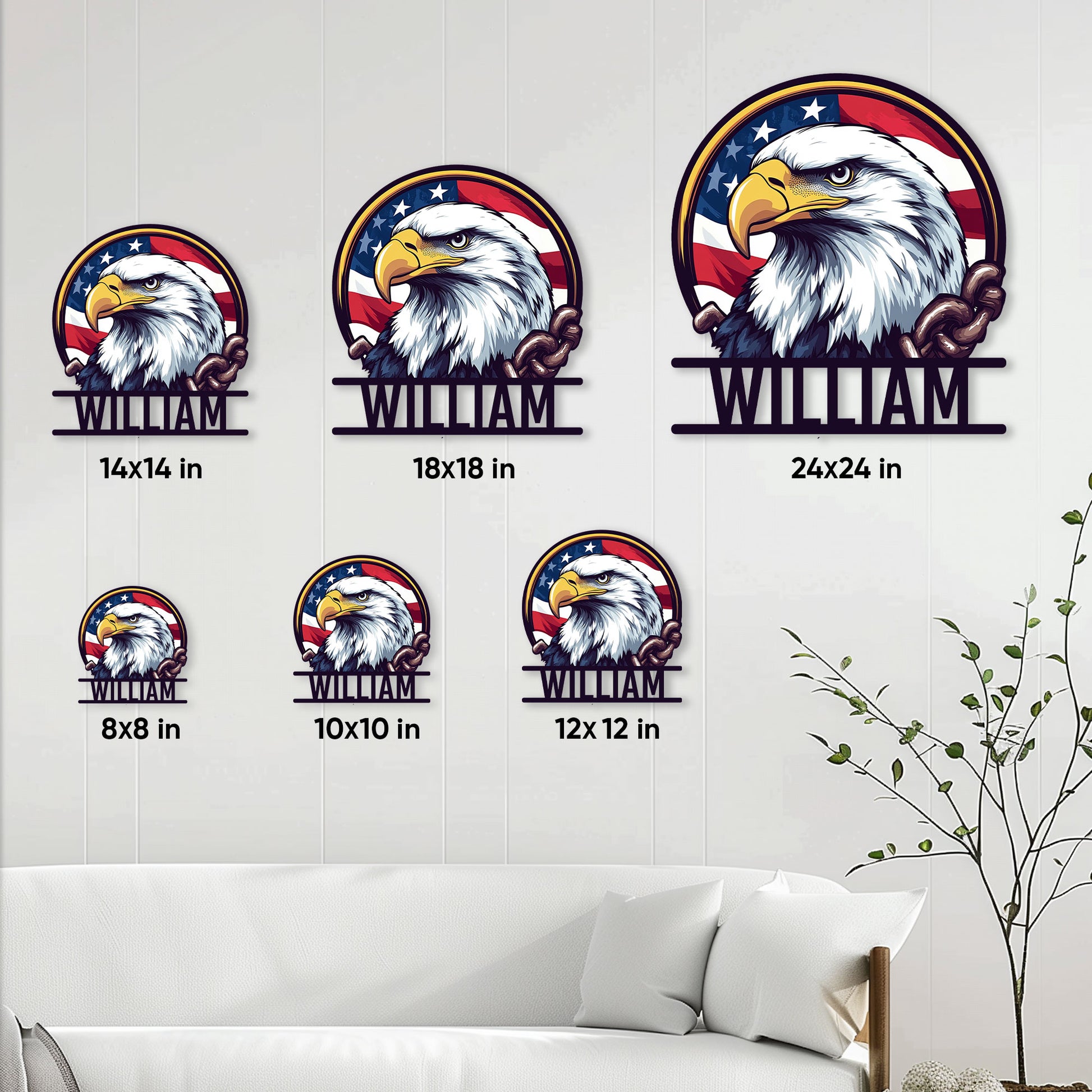 Eagle metal sign size guide showing multiple available dimensions in a home decor setting