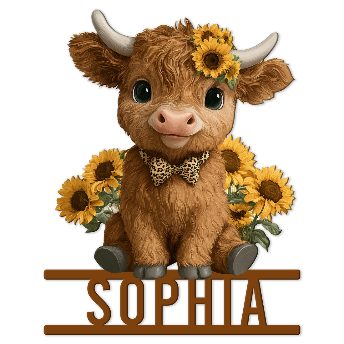 Cute Highland cow metal sign with sunflower crown, bow tie, and decorative name-style base