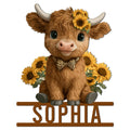 Cute Highland cow metal sign with sunflower crown, bow tie, and decorative name-style base