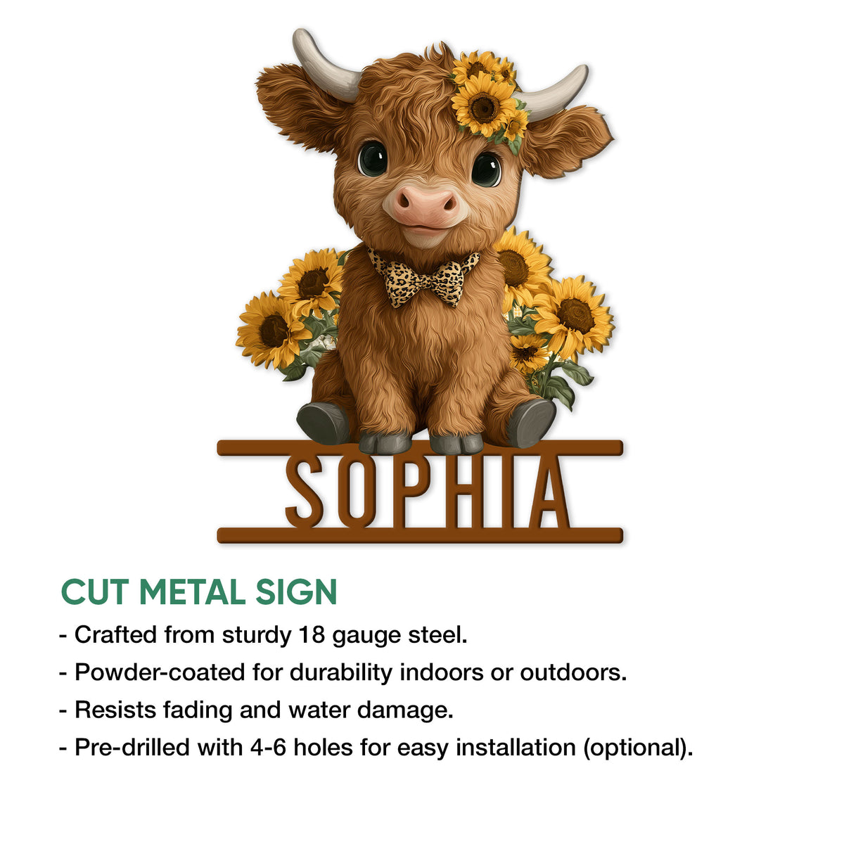 Highland cow cut metal sign featuring a sunflower wreath, bow tie, and farmhouse-inspired artwork