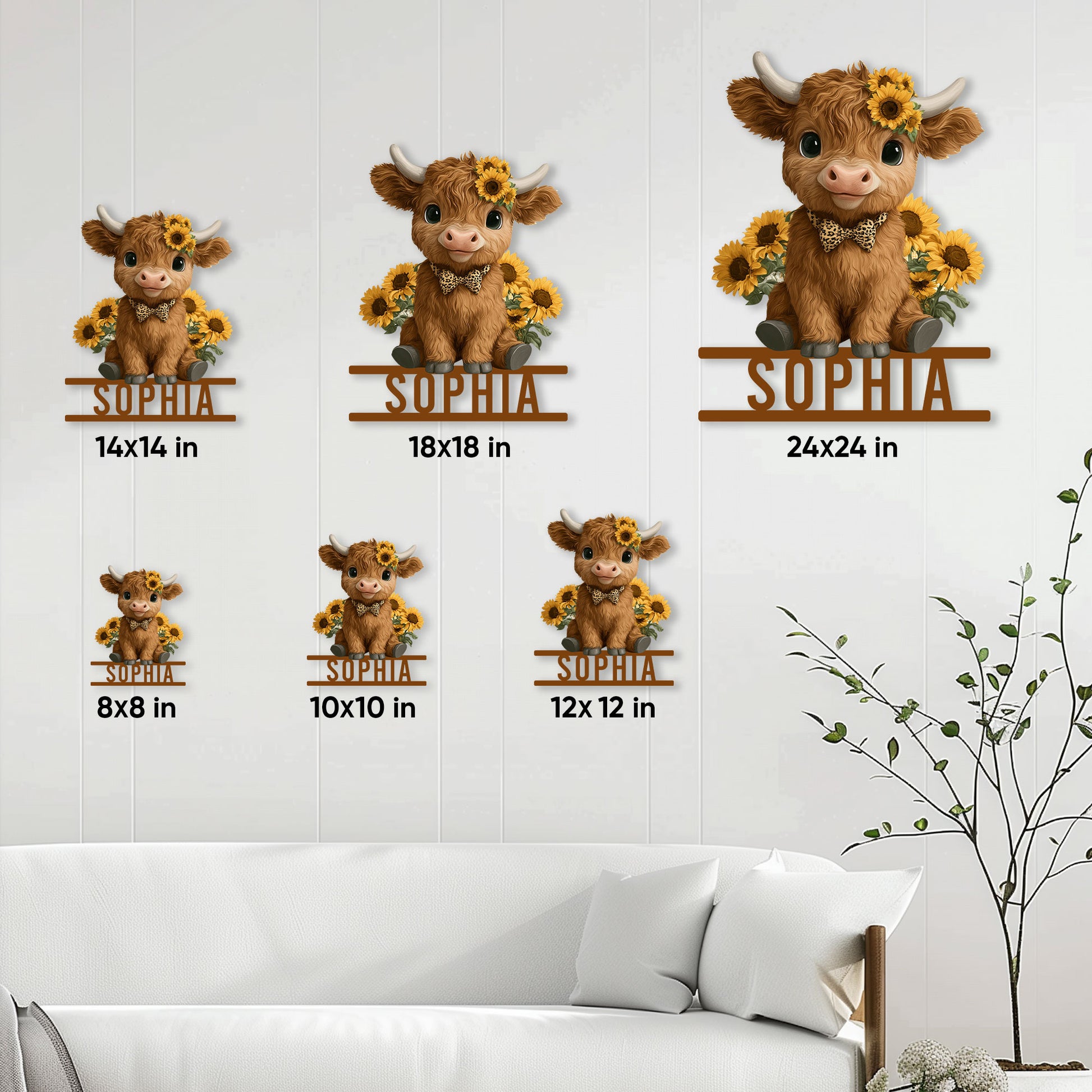 Highland cow metal sign size guide showing available sizes from 8x8 to 24x24 inches