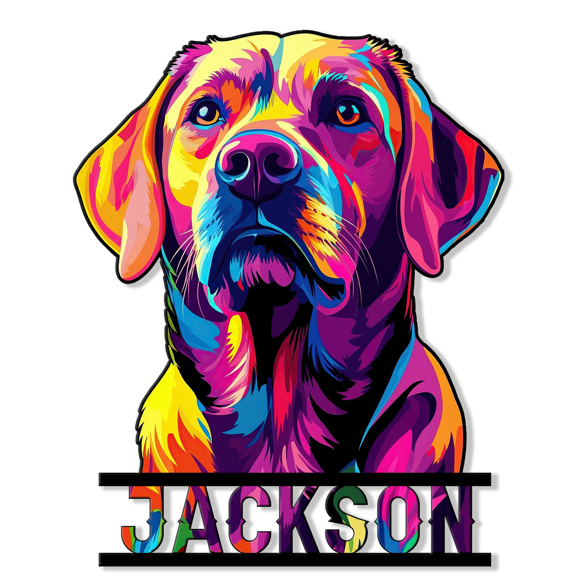 Vivid pop art Labrador Retriever portrait displayed as a colorful cut metal wall sign