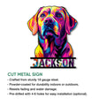 Colorful Labrador Retriever cut metal sign shown in a product feature presentation