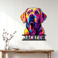 Bright Labrador Retriever metal wall sign displayed in a modern home entryway