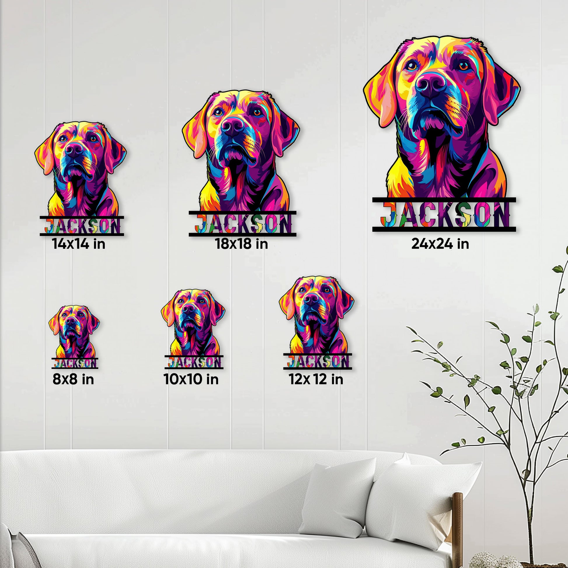 Labrador Retriever metal sign shown in multiple size options above a living room sofa