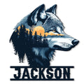 Wolf metal sign featuring a detailed wolf portrait layered with pine trees, mountains, stars, and a golden moon