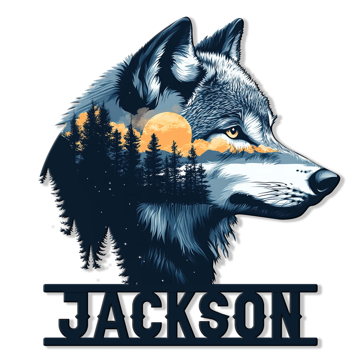 Wolf metal sign featuring a detailed wolf portrait layered with pine trees, mountains, stars, and a golden moon