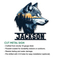 Cut wolf metal sign showcasing a moonlit forest scene and bold wildlife artwork for indoor or outdoor display
