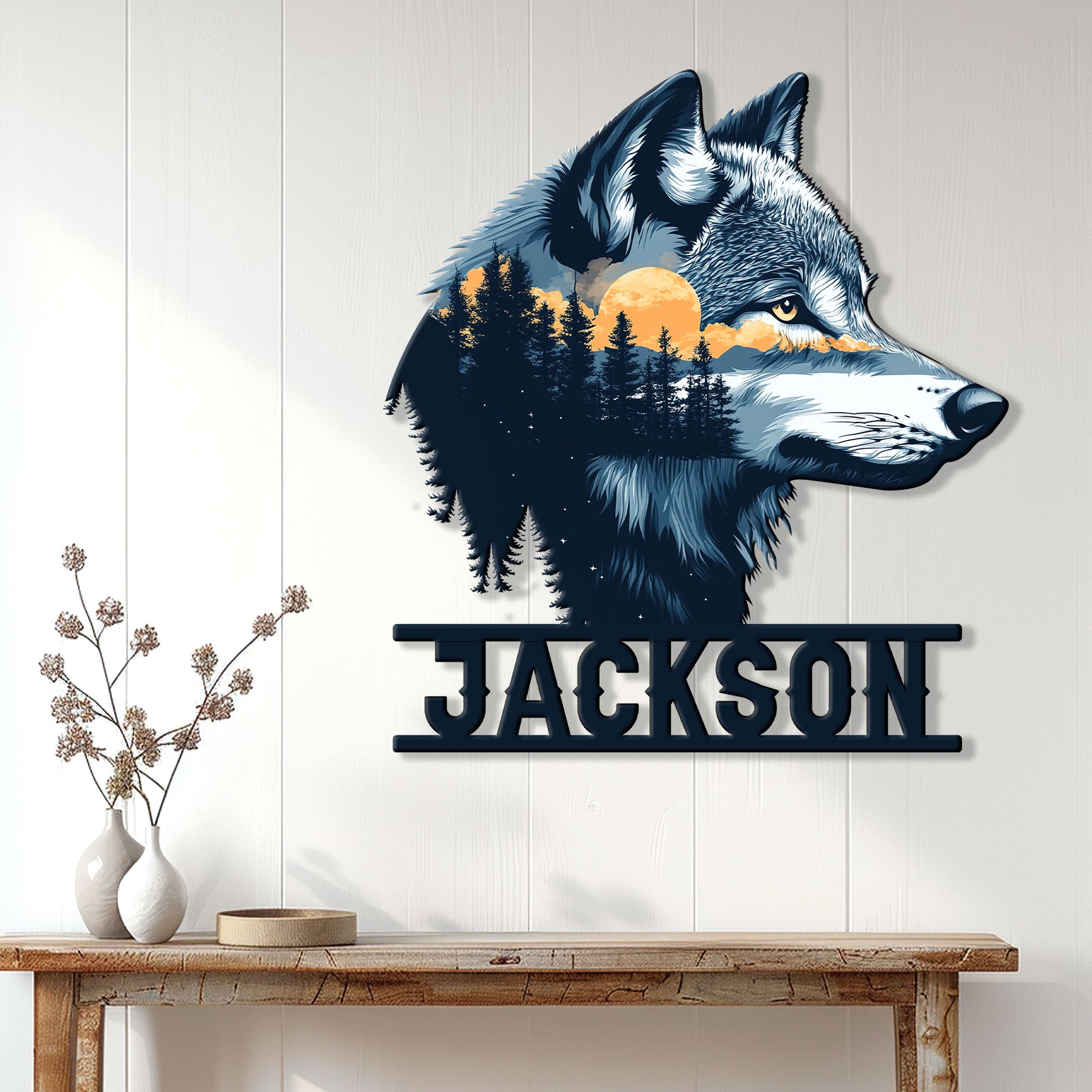 Wolf wall sign displayed above a console table, bringing moonlit woodland character to a bright home interior