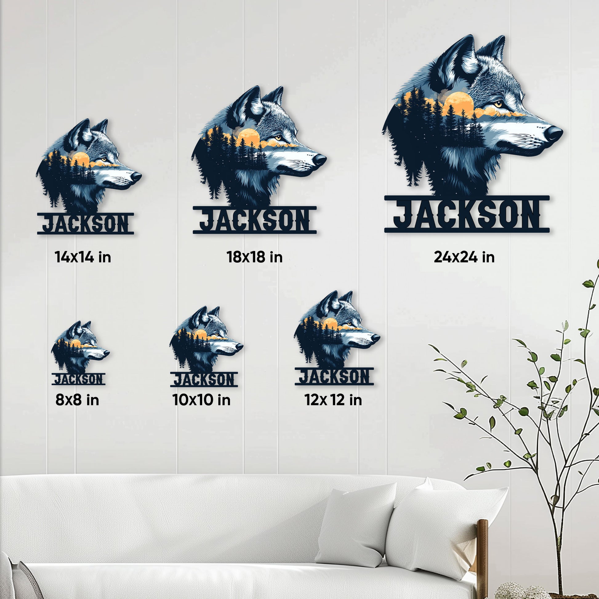 Wolf metal sign size guide showing multiple display sizes from 8 by 8 inches to 24 by 24 inches