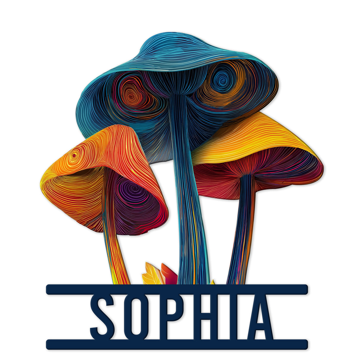 Colorful mushroom metal sign featuring three stylized fungi with vibrant blue, orange, yellow, and red linework