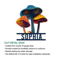 Colorful mushroom metal sign shown with product features for indoor or outdoor wall display