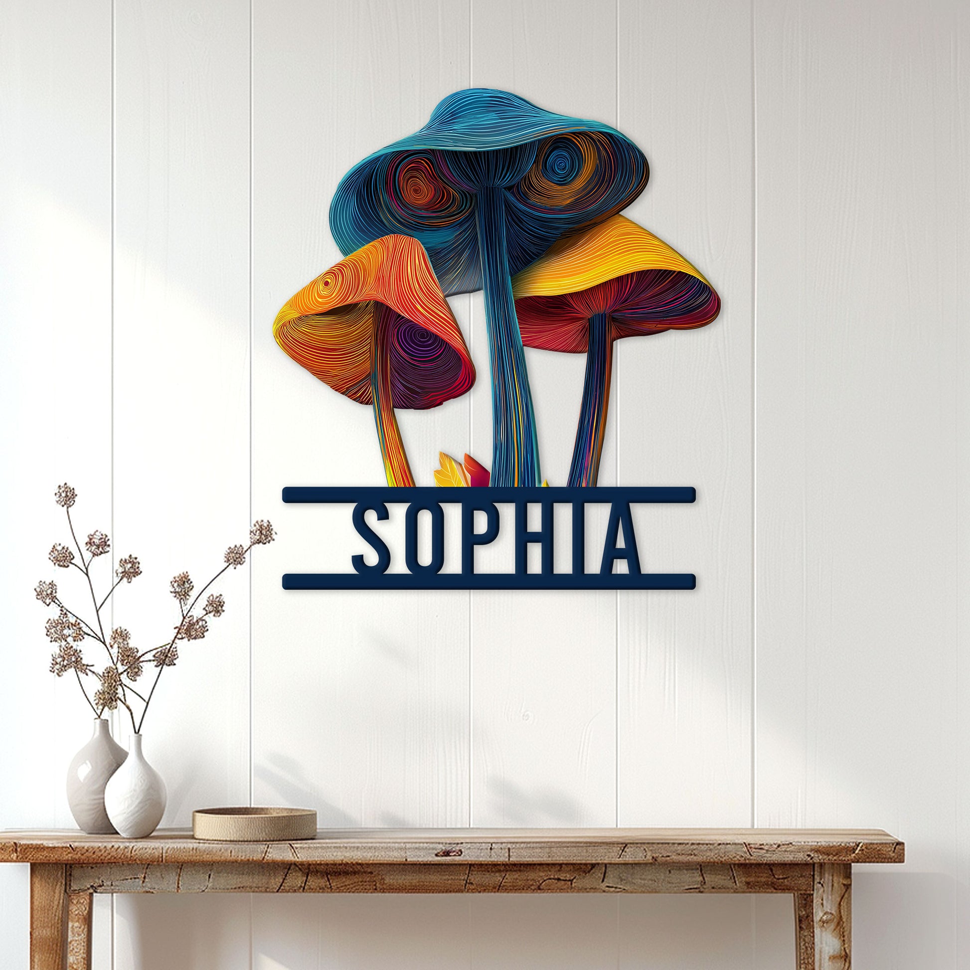 Colorful mushroom wall sign displayed on a white paneled wall above a rustic console table