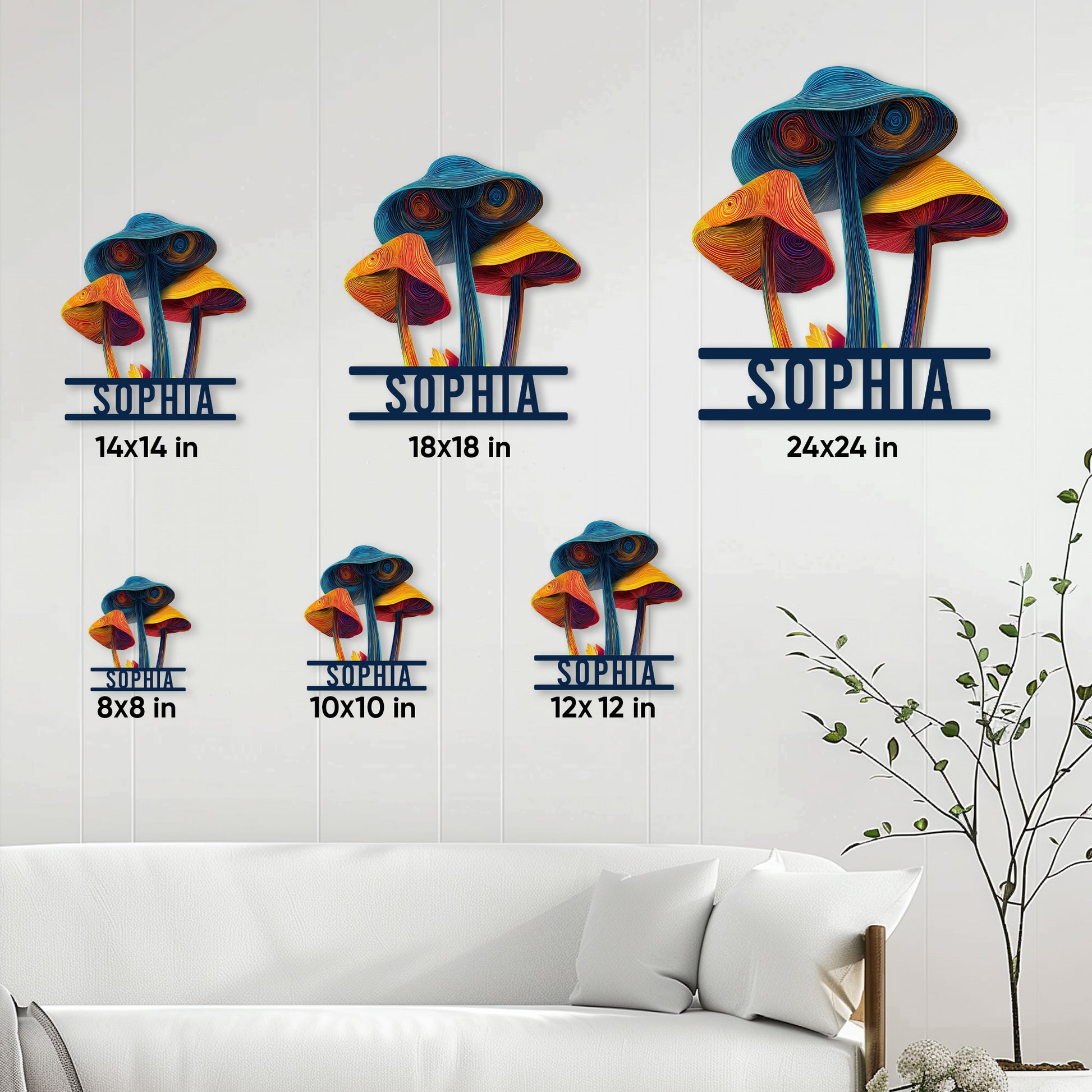 Mushroom metal sign size guide showing available square sizes from 8x8 to 24x24 inches