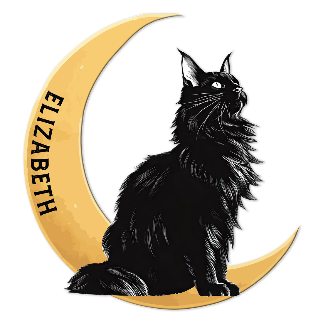 Maine Coon metal sign featuring a detailed black cat seated against a golden crescent moon