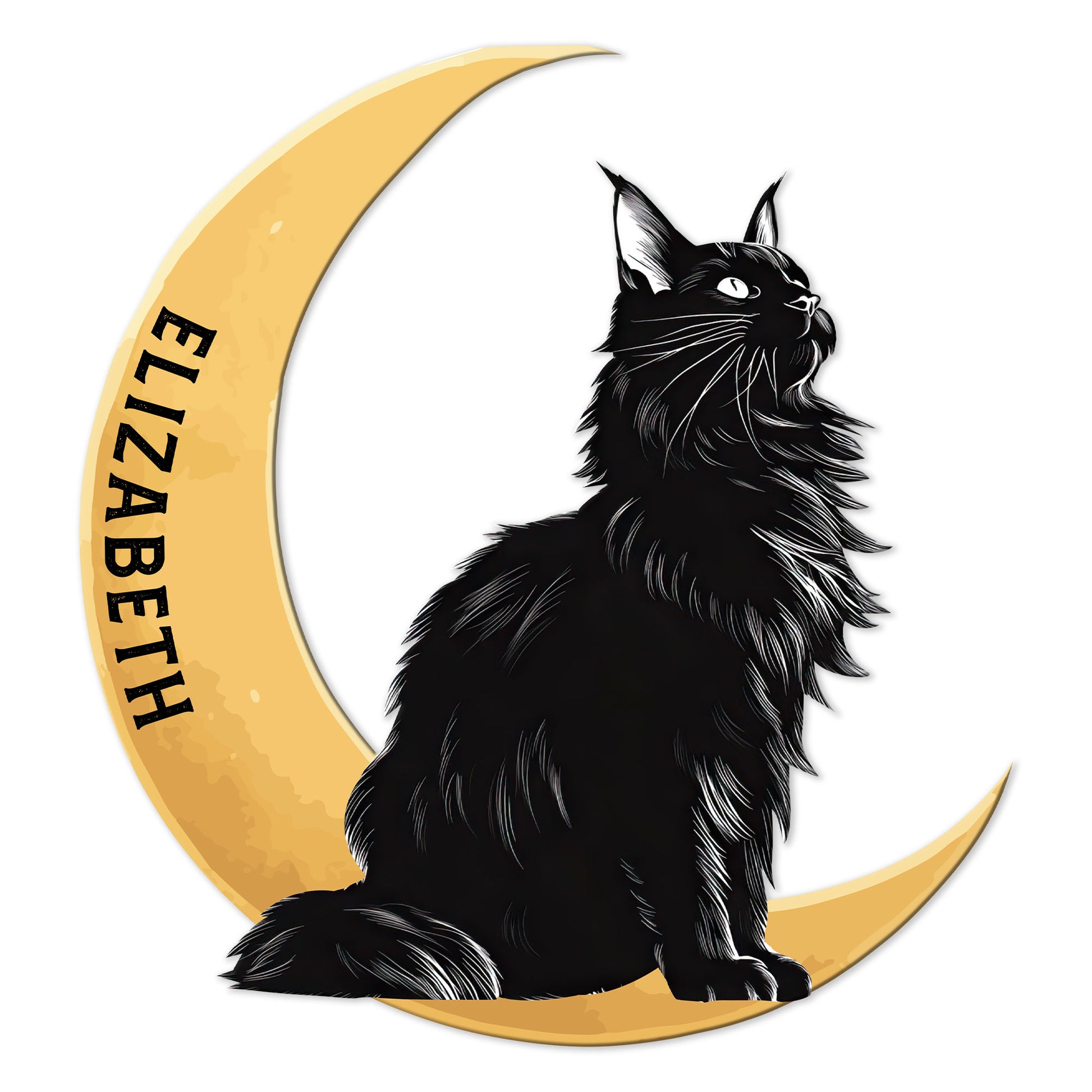 Maine Coon metal sign featuring a detailed black cat seated against a golden crescent moon