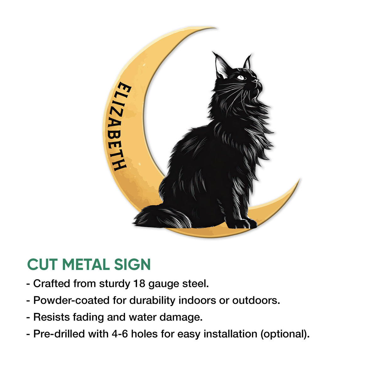 Maine Coon cat metal sign shown with a cut-metal design and product feature details