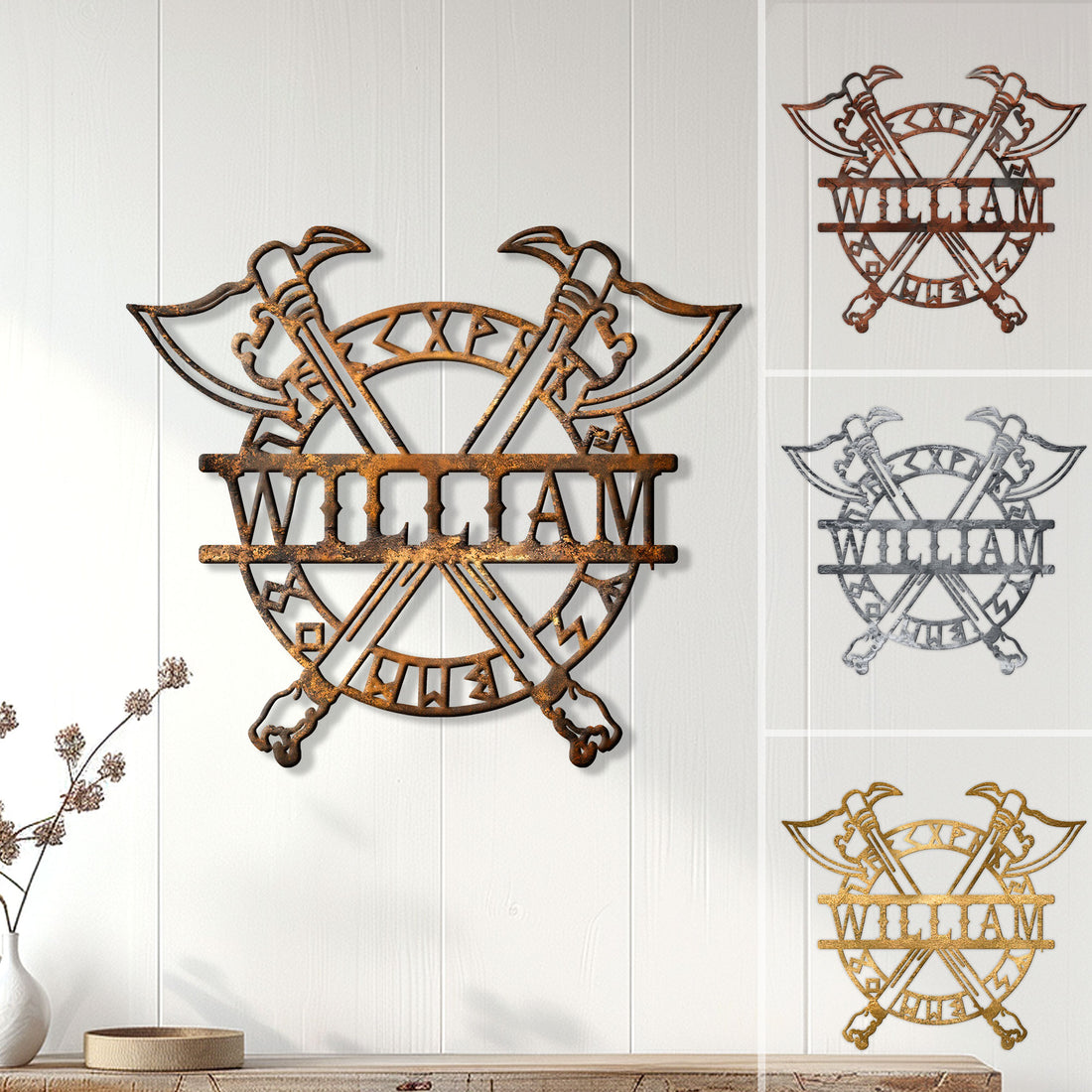 Custom Viking metal sign with crossed axes, Norse runic circle, and rustic bronze finish displayed on a wall