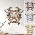Custom Viking metal sign with crossed axes, Norse runic circle, and rustic bronze finish displayed on a wall