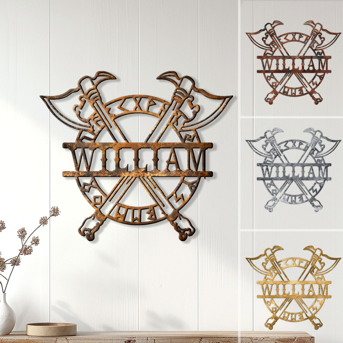 Custom Viking metal sign with crossed axes, Norse runic circle, and rustic bronze finish displayed on a wall
