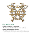 Viking crossed axes metal sign shown in a rustic bronze finish with cut metal construction details