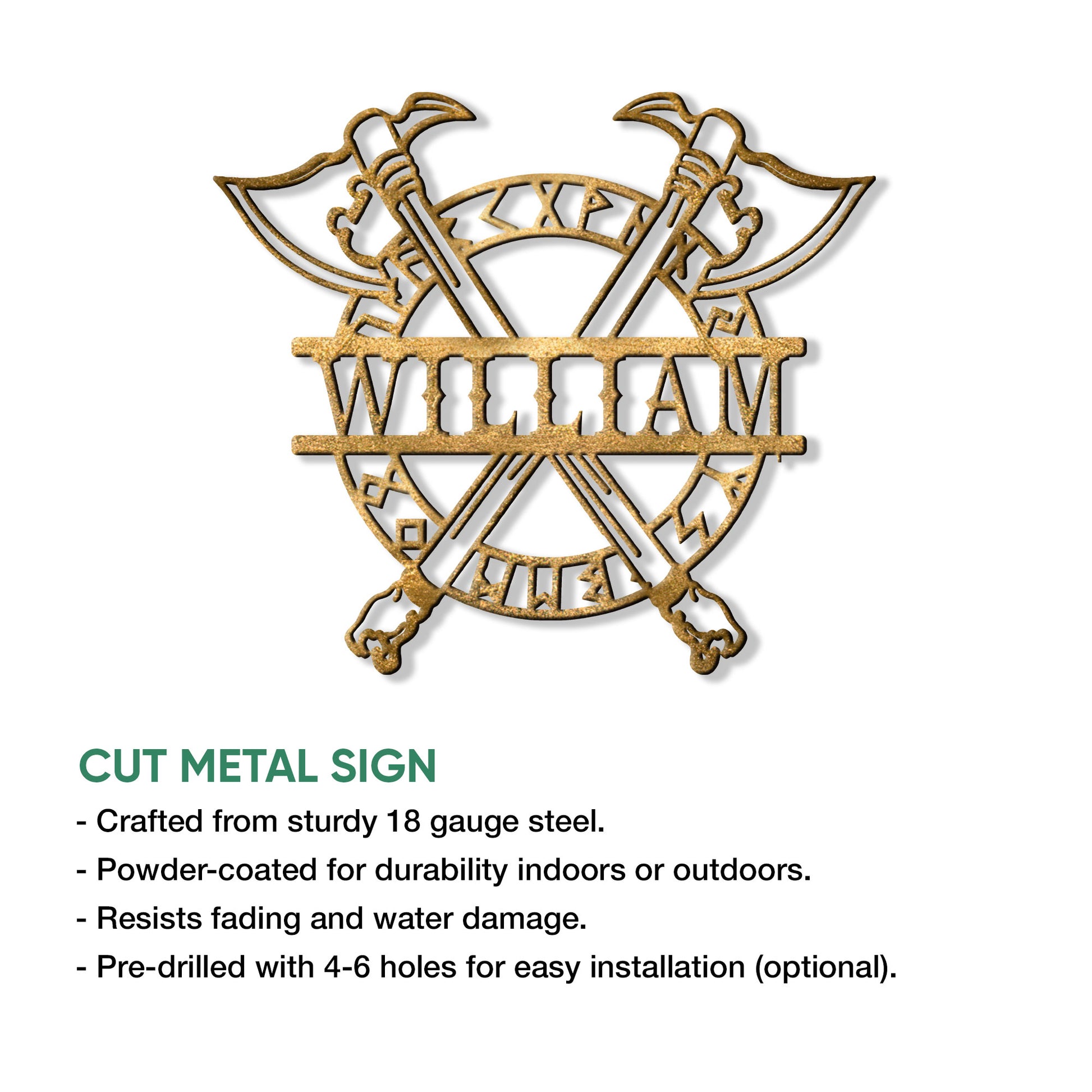 Viking crossed axes metal sign shown in a rustic bronze finish with cut metal construction details