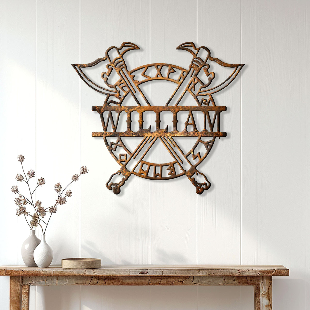 Rustic Viking wall sign featuring crossed axes and a circular Norse-inspired rune design above a console table