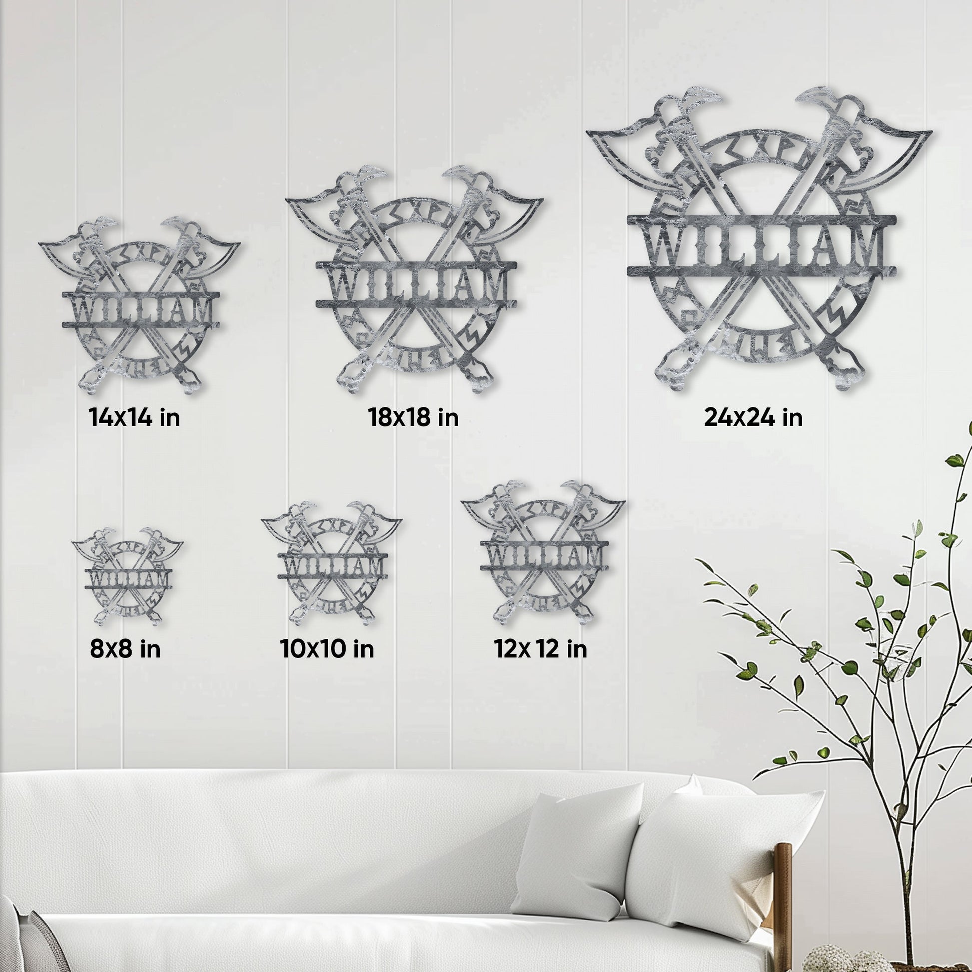 Viking crossed axes metal sign shown in multiple size options from 8 by 8 to 24 by 24 inches