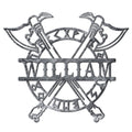 Close-up of the Viking crossed axes metal sign in a weathered gray finish with Norse-inspired details