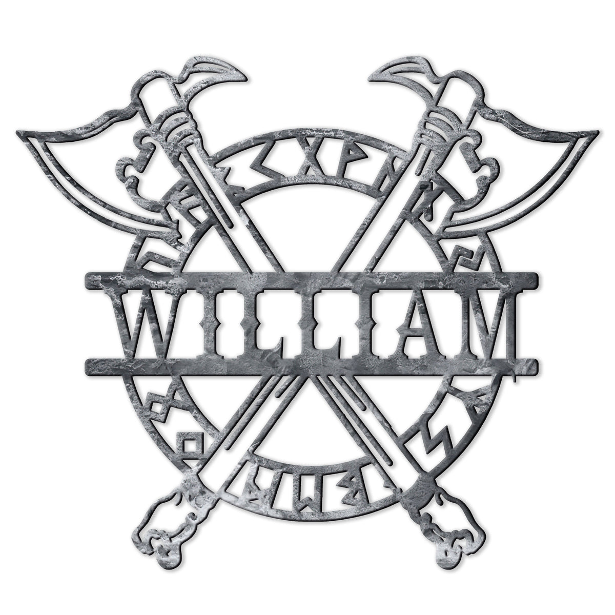 Close-up of the Viking crossed axes metal sign in a weathered gray finish with Norse-inspired details