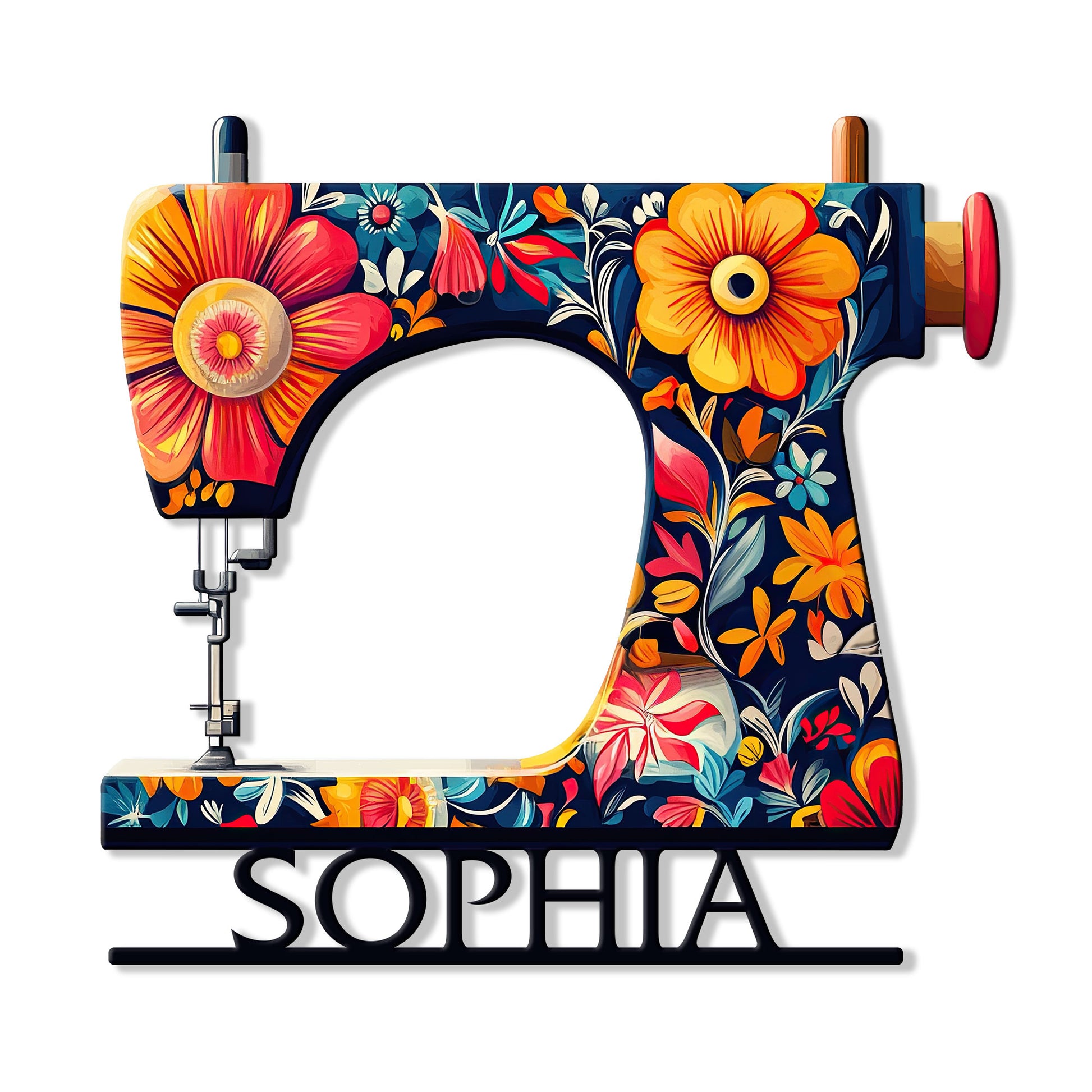 Floral sewing machine metal sign with colorful flowers and a decorative base for sewing room wall decor